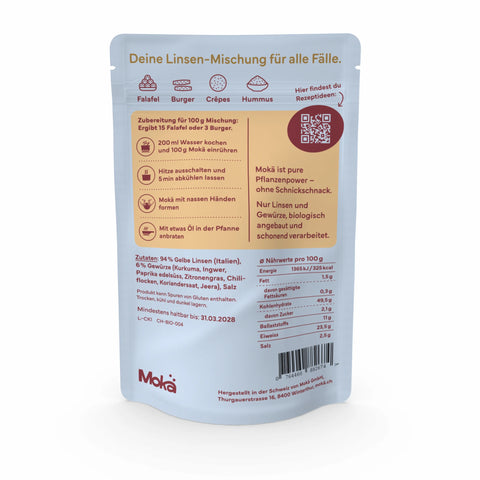 Mokä Curry Kick Linsenmischung – 250g Bio-Packung, proteinreich & vegan. Pflanzliche Zutaten, Rückseite mit Nährwerten und Zubereitungshinweisen.
