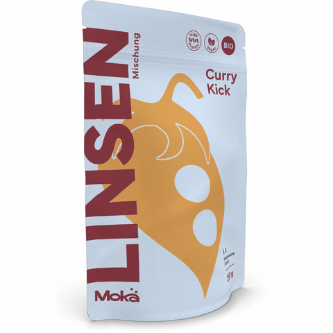 Mokä Curry Kick Linsenmischung – Bio-Packung 250g, proteinreich & vegan. 3D-Seitenansicht zeigt Verpackungsform & Design.