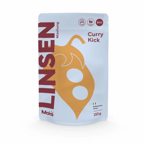 Mokä Curry Kick Linsenmischung – Bio-Packung 250g, proteinreich & vegan. Vorderseite mit Logo, Produktdesign und Hauptzutaten.
