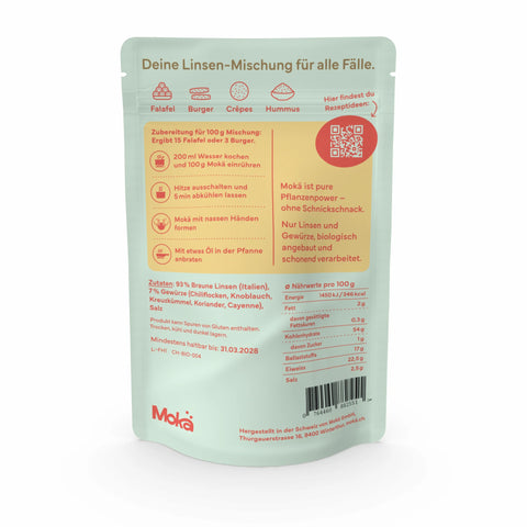 Mokä Feuriges Harissa Linsenmischung – 250g Bio-Packung, proteinreich & vegan. Pflanzliche Zutaten, Rückseite mit Nährwerten und Zubereitungshinweisen.