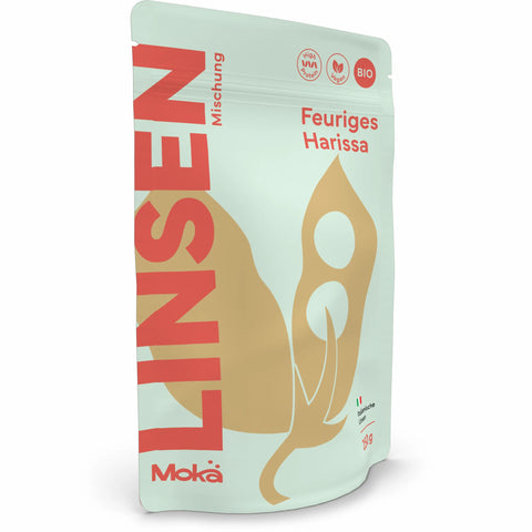 Mokä Feuriges Harissa Linsenmischung – Bio-Packung 250g, proteinreich & vegan. 3D-Seitenansicht zeigt Verpackungsform & Design.