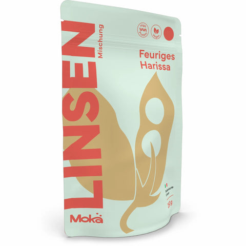 Mokä Feuriges Harissa Linsenmischung – Bio-Packung 250g, proteinreich & vegan. 3D-Seitenansicht zeigt Verpackungsform & Design.