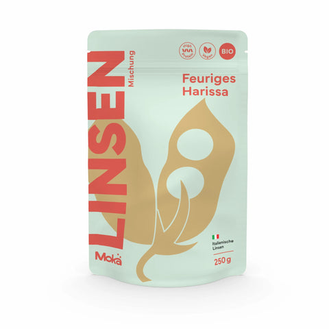 Mokä Feuriges Harissa Linsenmischung – Bio-Packung 250g, proteinreich & vegan. Vorderseite mit Logo, Produktdesign und Hauptzutaten.