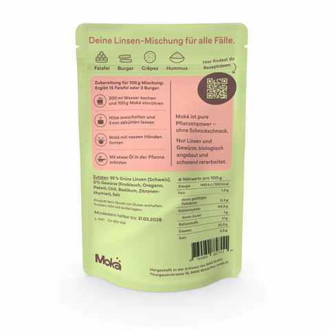 Mokä Krasse Kräuter Linsenmischung – 250g Bio-Packung, proteinreich & vegan. Pflanzliche Zutaten, Rückseite mit Nährwerten und Zubereitungshinweisen.