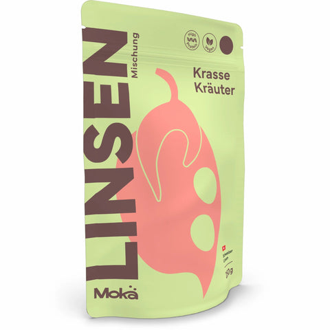 Mokä Krasse Kräuter Linsenmischung – Bio-Packung 250g, proteinreich & vegan. 3D-Seitenansicht zeigt Verpackungsform & Design.