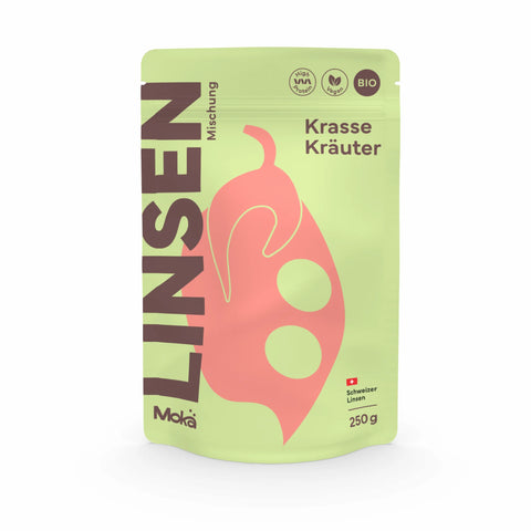 Mokä Krasse Kräuter Linsenmischung – Bio-Packung 250g, proteinreich & vegan. 3D-Seitenansicht zeigt Verpackungsform & Design.
