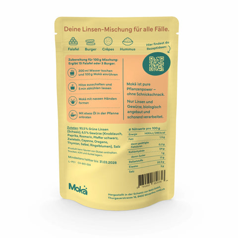 Mokä Pfeffriges Cajun Linsenmischung – 250g Bio-Packung, proteinreich & vegan. Pflanzliche Zutaten, Rückseite mit Nährwerten und Zubereitungshinweisen.