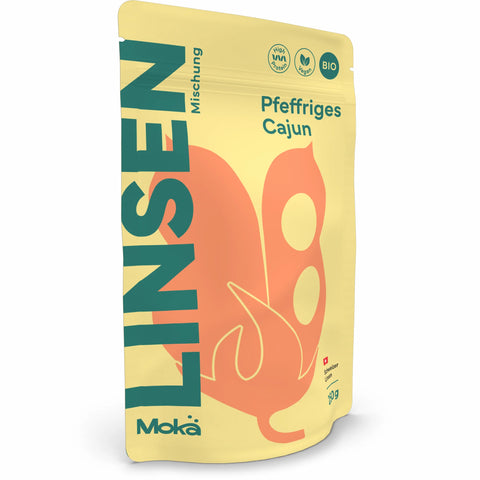Mokä Pfeffriges Cajun Linsenmischung – Bio-Packung 250g, proteinreich & vegan. 3D-Seitenansicht zeigt Verpackungsform & Design.