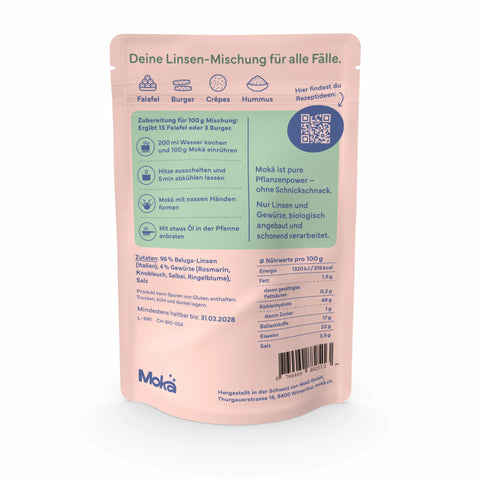 Mokä Rosmarin Rebell Linsenmischung – 250g Bio-Packung, proteinreich & vegan. Pflanzliche Zutaten, Rückseite mit Nährwerten und Zubereitungshinweisen.