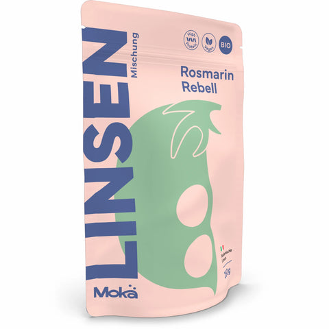 Mokä Rosmarin Rebell Linsenmischung – Bio-Packung 250g, proteinreich & vegan. 3D-Seitenansicht zeigt Verpackungsform & Design.