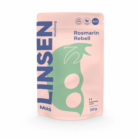 Mokä Rosmarin Rebell Linsenmischung – Bio-Packung 250g, proteinreich & vegan. Vorderseite mit Logo, Produktdesign und Hauptzutaten.