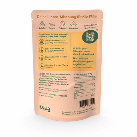 Mokä Wildes Gemüse Linsenmischung – 250g Bio-Packung, proteinreich & vegan. Pflanzliche Zutaten, Rückseite mit Nährwerten und Zubereitungshinweisen.
