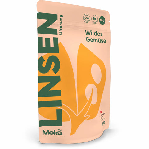 Mokä Wildes Gemüse Linsenmischung – Bio-Packung 250g, proteinreich & vegan. 3D-Seitenansicht zeigt Verpackungsform & Design.