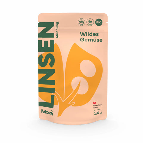 Mokä Wildes Gemüse Linsenmischung – Bio-Packung 250g, proteinreich & vegan. Vorderseite mit Logo, Produktdesign und Hauptzutaten.