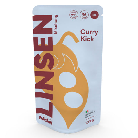 Mokä Curry Kick Linsenmischung – Bio-Packung 100g, proteinreich und vegan. Frontalansicht zeigt Verpackungsform und Design.