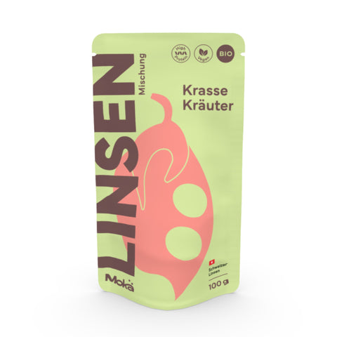 Mokä Krasse Kräuter Linsenmischung – Bio-Packung 100g, proteinreich und vegan. Frontalansicht zeigt Verpackungsform und Design.