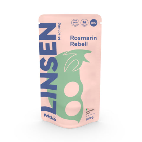 Mokä Rosmarin Rebell Linsenmischung – Bio-Packung 100g, proteinreich und vegan. Frontalansicht zeigt Verpackungsform und Design.