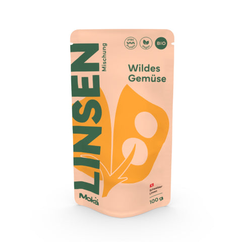 Mokä Wildes Gemüse Linsenmischung – Bio-Packung 100g, proteinreich und vegan. Frontalansicht zeigt Verpackungsform und Design.